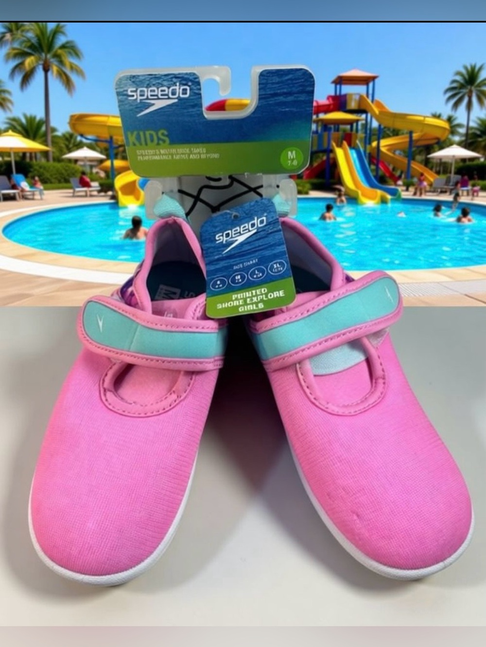 Speedo Kids Pink & Aqua Water Shoes Velcro Tie Size M 7-8 NWT